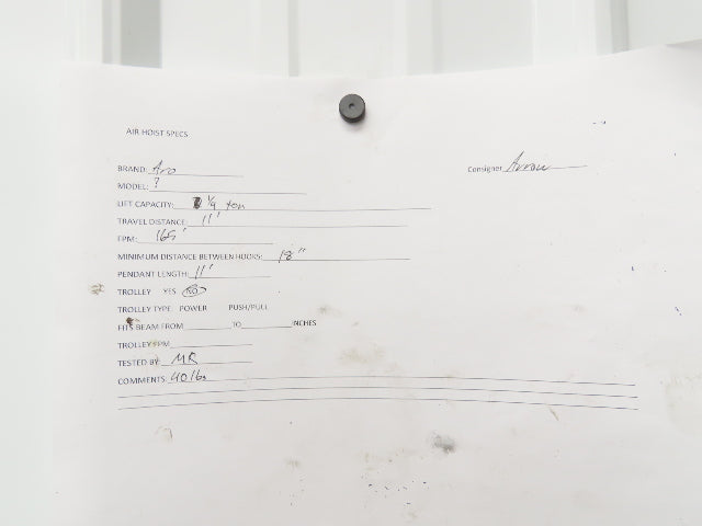 Aro Ingersoll Rand 1/4 Ton 500LB Pneumatic Air Chain Hoist 11'Lift 11'Pull Chain