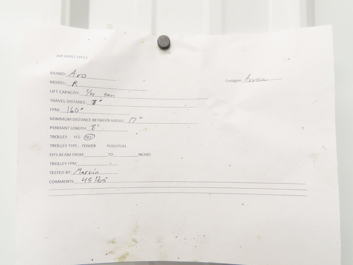 Aro R 1/4 Ton 500 LB Pneumatic Air Chain Hoist 8' Lift 8' Pull Chain