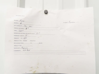 Aro R 1/4 Ton 500 LB Pneumatic Air Chain Hoist 8' Lift 8' Pull Chain