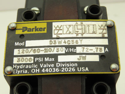 Parker D3W4C56Y Hydraulic Directional Solenoid Valve 120v 60Hz 0.72A 3000psi