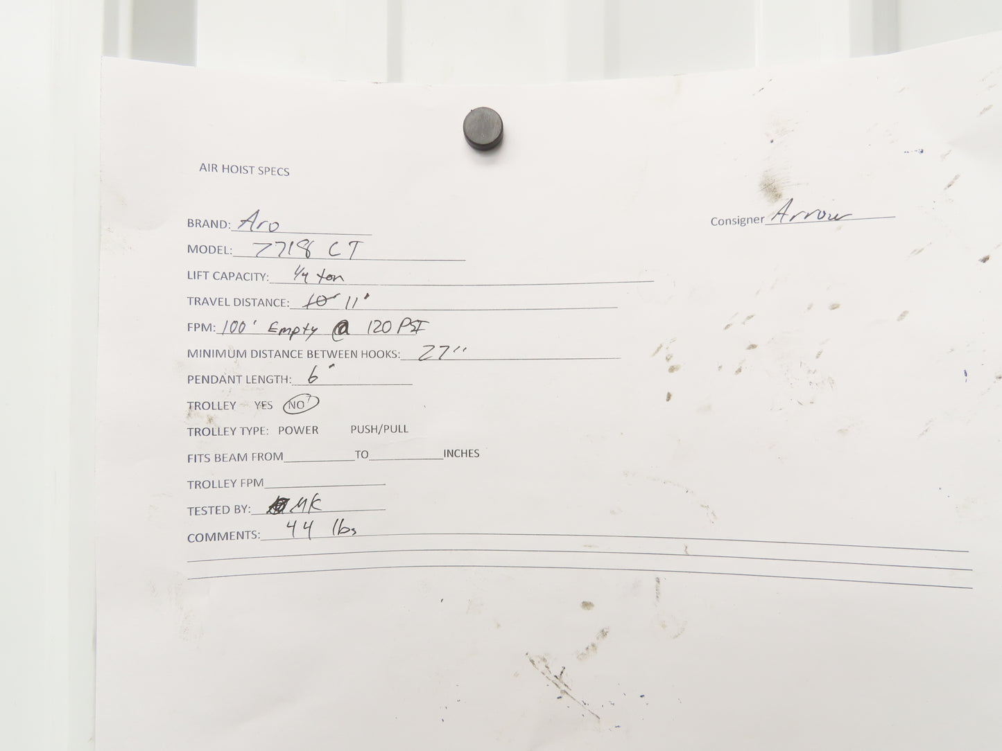 Aro 7718CT 1/4 Ton 500 LB Pneumatic Air Chain Hoist 11' Lift 6' Pendant