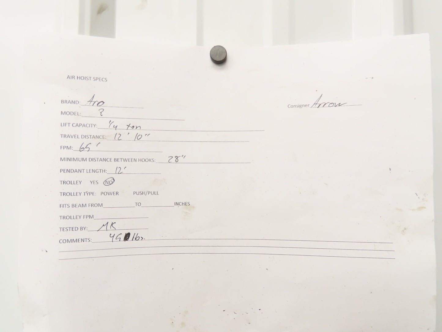 Ingersoll Aro 1/4 Ton 500Lb Pneumatic Air Chain Hoist 12'10" Lift 12' Pull Chain