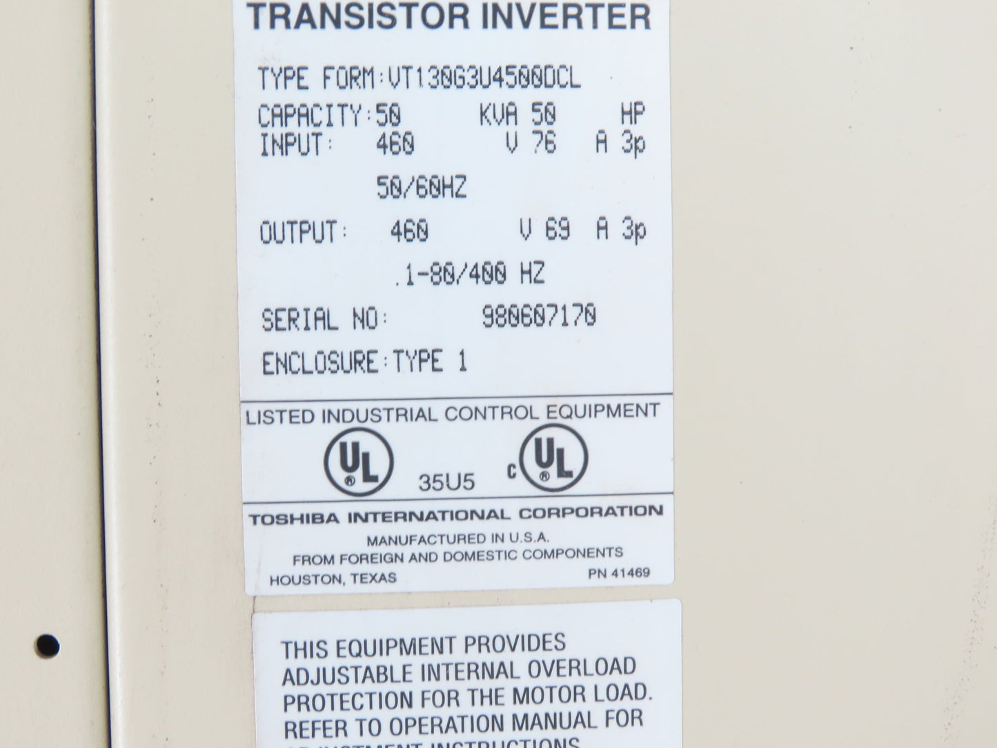 Toshiba VT130G3U4500DCL G3 Transistor Inverter AC Drive 50Kva 50Hp 460V 3PH