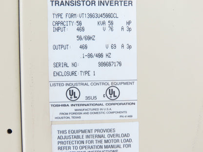 Toshiba VT130G3U4500DCL G3 Transistor Inverter AC Drive 50Kva 50Hp 460V 3PH