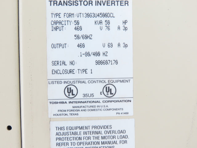 Toshiba VT130G3U4500DCL G3 Transistor Inverter AC Drive 50Kva 50Hp 460V 3PH