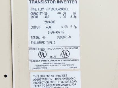 Toshiba VT130G3U4500DCL G3 Transistor Inverter AC Drive 50Kva 50Hp 460V 3PH