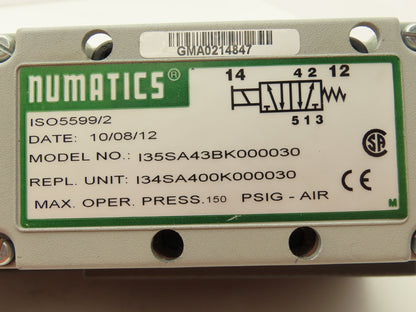 Numatics I35SA43BK000030 Pneumatic Air Valve Directional Control 150PSIG 120VAC