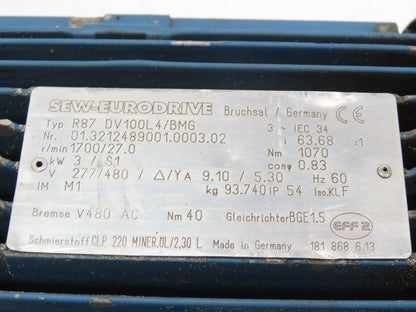 Sew Eurodrive R87 DV100L4/BMG Inline Gearmotor 3kw 277/480V 63.68:1 Ratio 27rpm