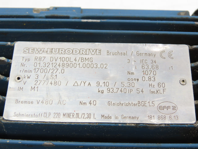 Sew Eurodrive R87 DV100L4/BMG Inline Gearmotor 3kw 277/480V 63.68:1 Ratio 27rpm