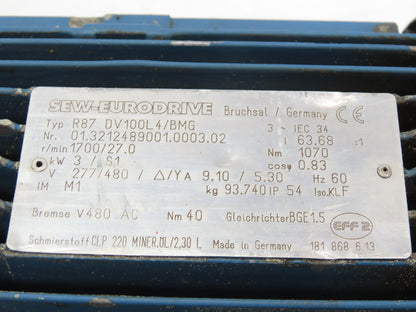Sew Eurodrive R87 DV100L4/BMG Inline Gearmotor 3kw 277/480V 63.68:1 Ratio 27rpm