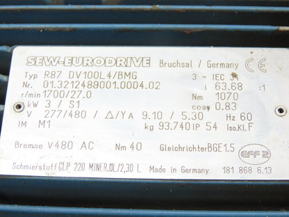 Sew Eurodrive R87 DV100L4/BMG Inline Gearmotor 3kw 277/480V 63.68:1 Ratio 27rpm