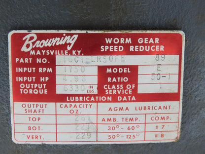 Browning 516C1-LR50FE Worm Gearbox 50:1 Reducer 5Hp 35rpm 180T Dual Shaft