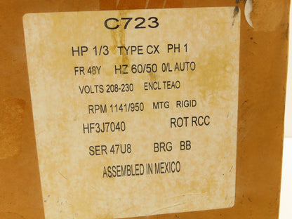 A.O. Smith C723 AC Cooling Fan Motor 1/3Hp 1140rpm 230 1PH 48Y