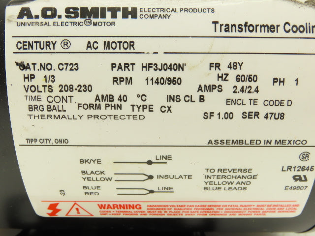 A.O. Smith C723 AC Cooling Fan Motor 1/3Hp 1140rpm 230 1PH 48Y
