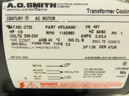 A.O. Smith C723 AC Cooling Fan Motor 1/3Hp 1140rpm 230 1PH 48Y