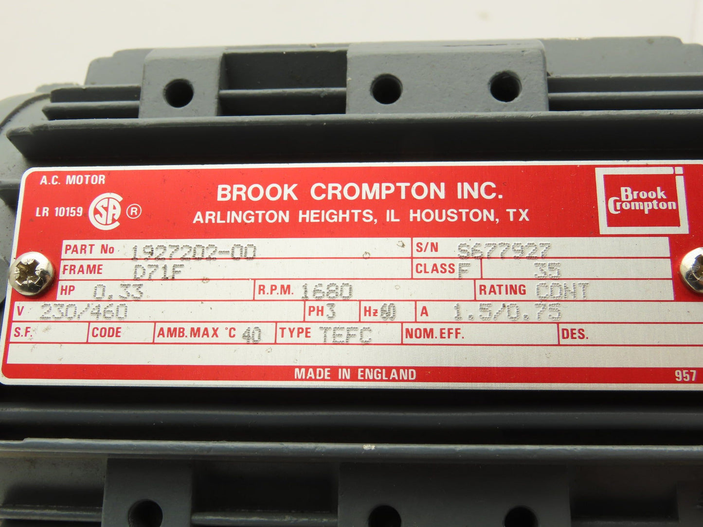 Brook Crompton Inc. 1927202-00 AC  Motor 0.33Hp 1680rpm 230/460 3PH D71F