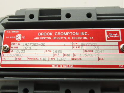 Brook Crompton Inc. 1927202-00 AC  Motor 0.33Hp 1680rpm 230/460 3PH D71F
