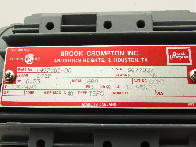 Brook Crompton Inc. 1927202-00 AC  Motor 0.33Hp 1680rpm 230/460 3PH D71F