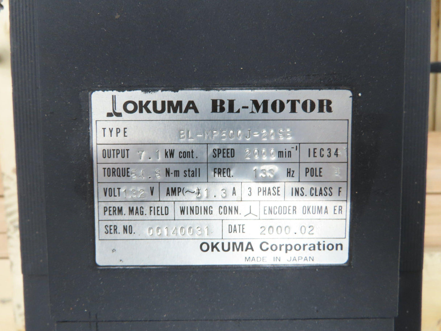 Okuma BL-MP500J-20SB AC Servo Motor 7.1kW 2000 RPM 132V 3PH Encoder ER-JH-7200D