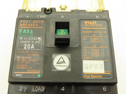Fuji EA33 Circuit Breaker 20A 460VAC 3-Pole Lot of 9