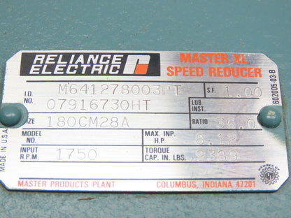 Reliance 180CM28A Gearbox Master XL Speed Reducer 36:1 Ratio 8Hp 48RPM Right