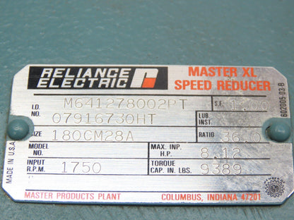 Reliance 180CM28A Gearbox Master XL Speed Reducer 36:1 Ratio 8Hp 48RPM Right