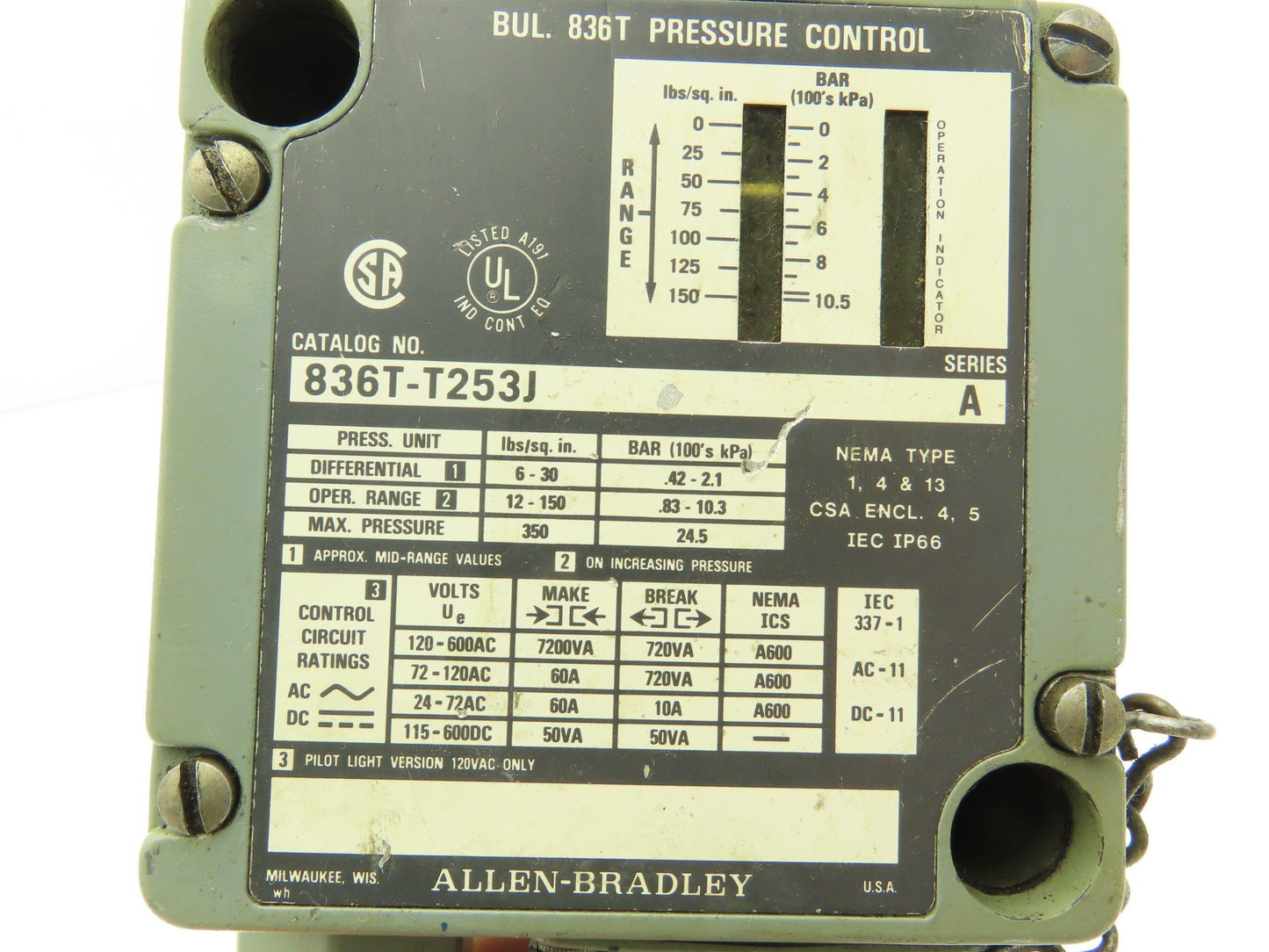 Allen Bradley 836T-T253J Pressure Control Switch 12-150 PSI 600V Ser A