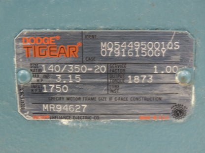 Dodge Tigear 140/350-20 Worm Gearbox 20:1 Reducer 3Hp 88rpm LH Output 140TC