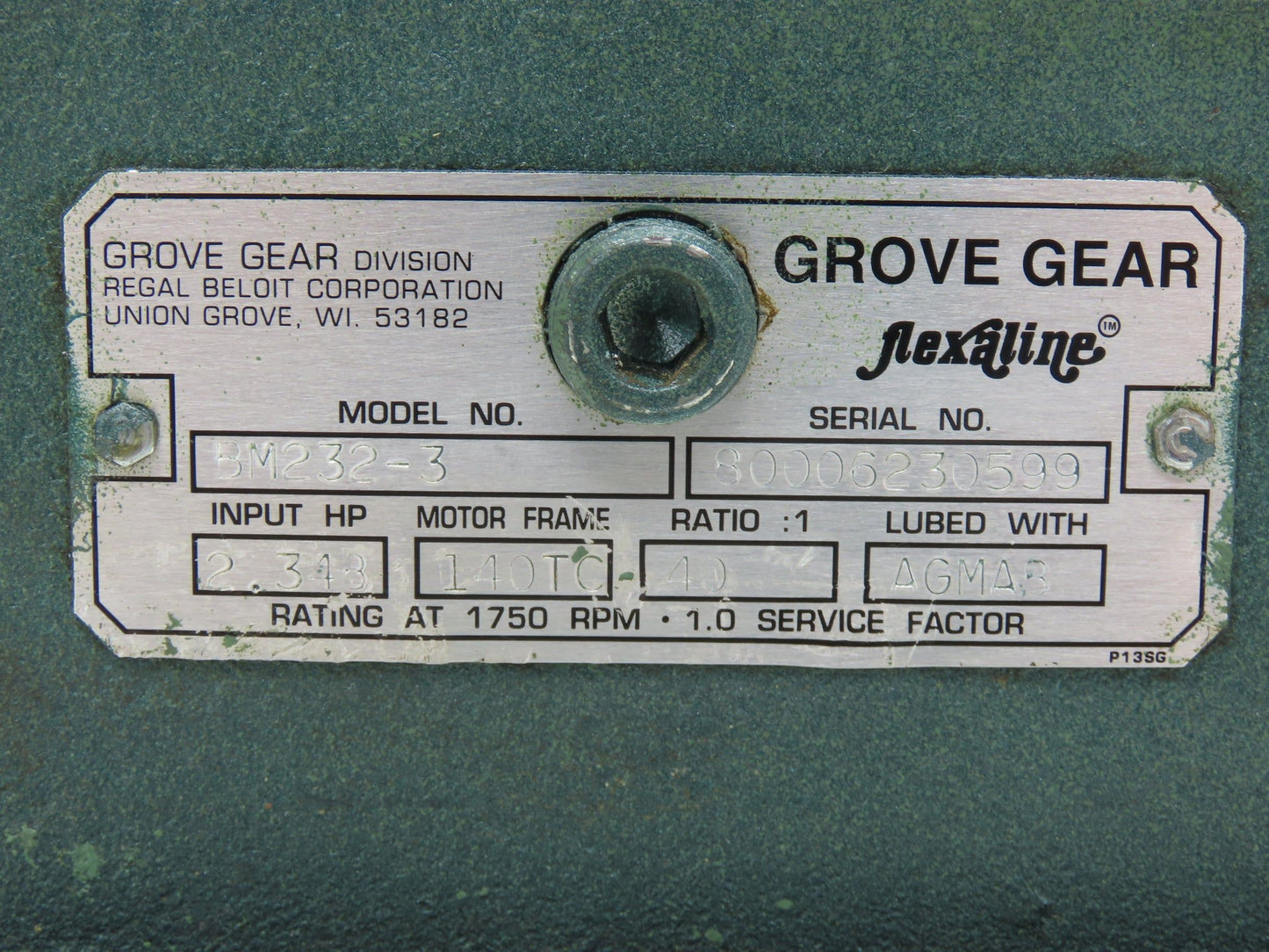 Grove Gear Flexaline BM232-3 Worm Gearbox 40:1 Reducer 2.3Hp 44rpm RH 140TC
