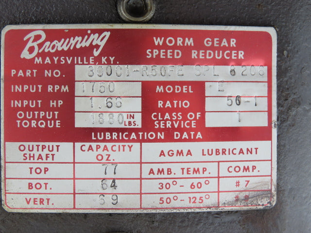 Browning 300C1-R50FE Model E Worm Gearbox 50:1 Reducer 1.6Hp 35rpm RH Output 56C