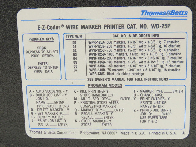 Thomas & Betts WD-25P E-Z-Coder Wire Marker Printer Tested & Working