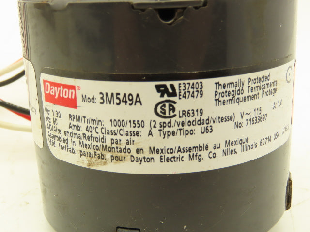 Dayton 3M549A HVAC Fan Motor 1/30 hp 1000/1550 RPM 2 SPEED 115V Single Phase
