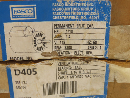 Fasco D405 HVAC Fan Motor 1/10 hp 3200 RPM 115V Single Phase 5/16" Shaft