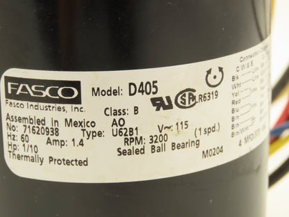 Fasco D405 HVAC Fan Motor 1/10 hp 3200 RPM 115V Single Phase 5/16" Shaft
