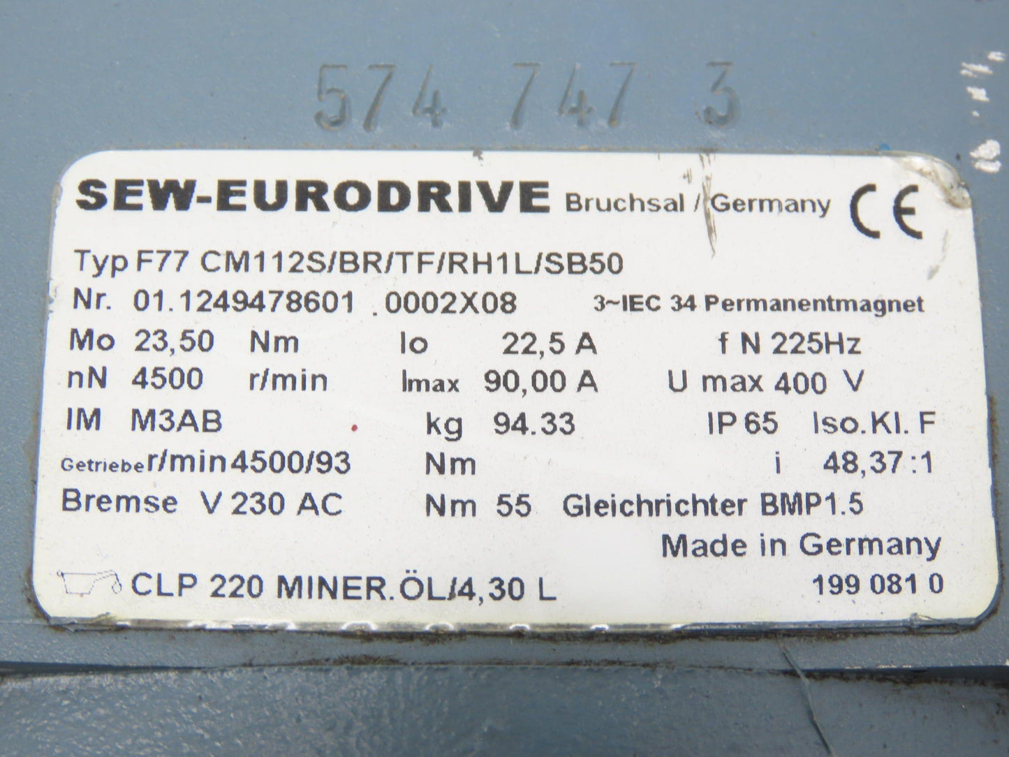 Sew Eurodrive F77 CM112S/BR/TF/RH1L/SB50 Servo Brake Motor 4500rpm 400V