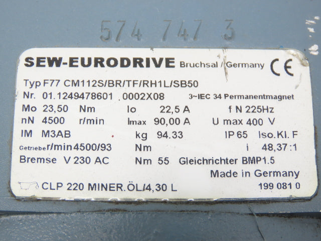 Sew Eurodrive F77 CM112S/BR/TF/RH1L/SB50 Servo Brake Motor 4500rpm 400V