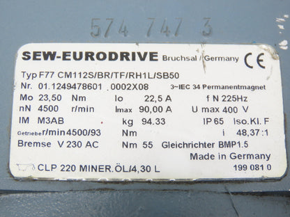Sew Eurodrive F77 CM112S/BR/TF/RH1L/SB50 Servo Brake Motor 4500rpm 400V