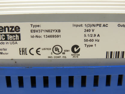 Lenze ESV371N02YXB SMVector AC Drive Variable Speed Inverter VFD .5Hp 230V 1Ph