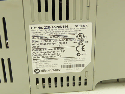 Allen Bradley 22B-A5P0N114 PowerFlex 40 AC Drive Variable Speed VFD 1Hp 230V 1PH