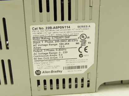 Allen Bradley 22B-A5P0N114 PowerFlex 40 AC Drive Variable Speed VFD 1Hp 230V 1PH