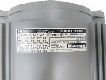 Hitachi TFO-LK 4P Induction Motor 1.5Kw 1750 RPM 200/230VAC 3PH IP44 Foot Mount