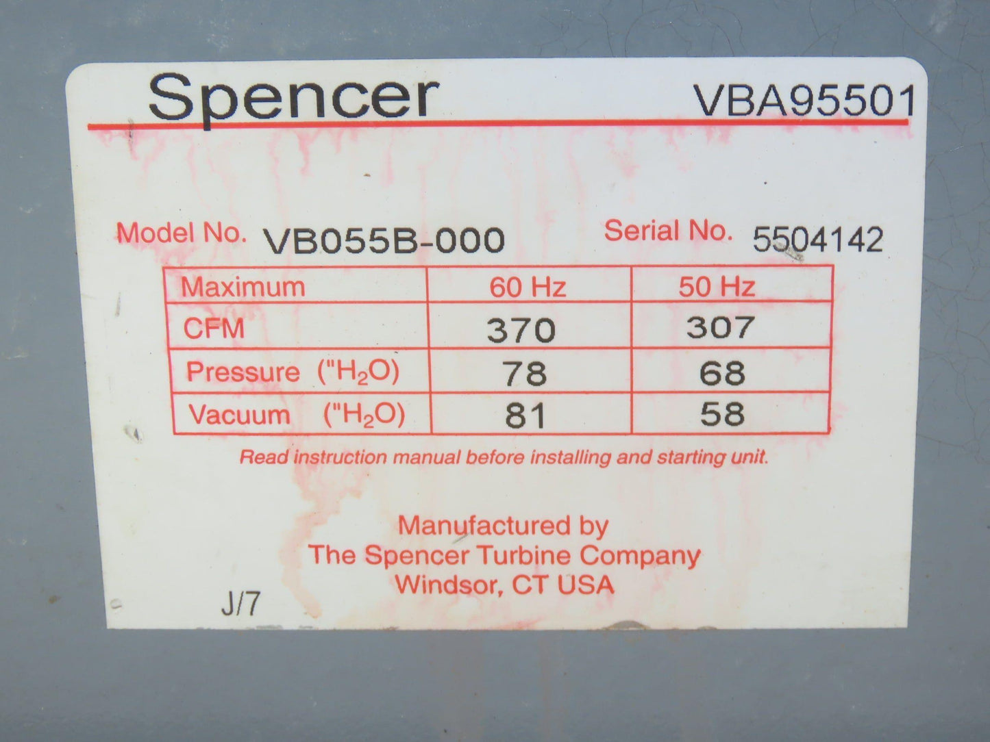 Spencer Vortex VB055B Regenerative Blower Vacuum Motor 7.5hp 230/460V 3ph 370CFM