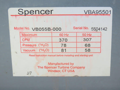 Spencer Vortex VB055B Regenerative Blower Vacuum Motor 7.5hp 230/460V 3ph 370CFM