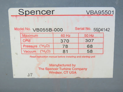 Spencer Vortex VB055B Regenerative Blower Vacuum Motor 7.5hp 230/460V 3ph 370CFM