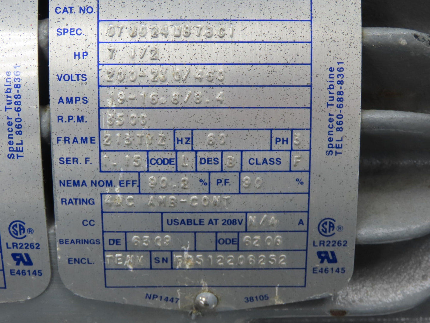 Spencer Vortex VB055B Regenerative Blower Vacuum Motor 7.5hp 230/460V 3ph 370CFM