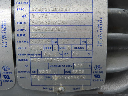 Spencer Vortex VB055B Regenerative Blower Vacuum Motor 7.5hp 230/460V 3ph 370CFM