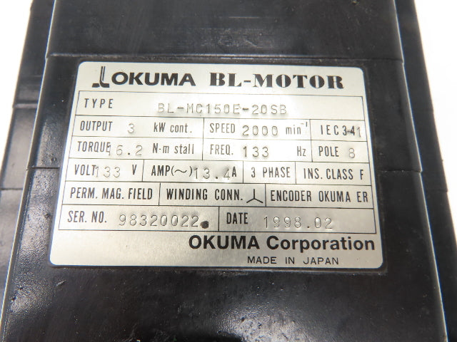 Okuma BL-MC150E-20SB AC Servo Motor 3kW 2000 RPM 8P 133V 3PH