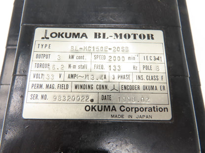 Okuma BL-MC150E-20SB AC Servo Motor 3kW 2000 RPM 8P 133V 3PH