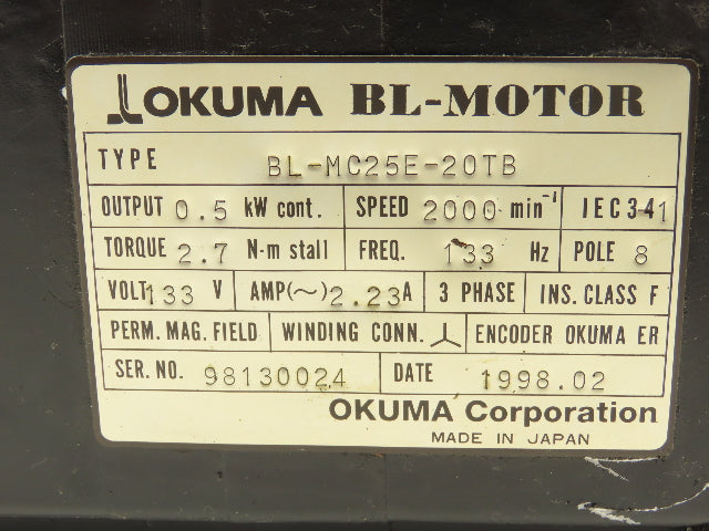 Okuma BL-MC25E-20TB AC Servo Motor 0.5kW 2000 RPM 8P 133V 3PH