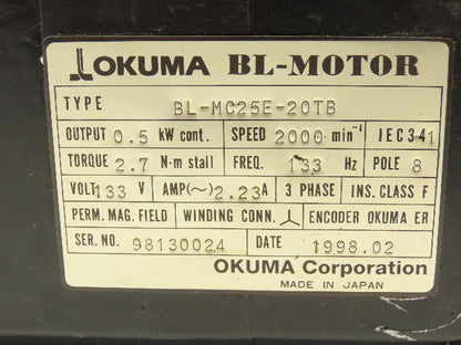 Okuma BL-MC25E-20TB AC Servo Motor 0.5kW 2000 RPM 8P 133V 3PH